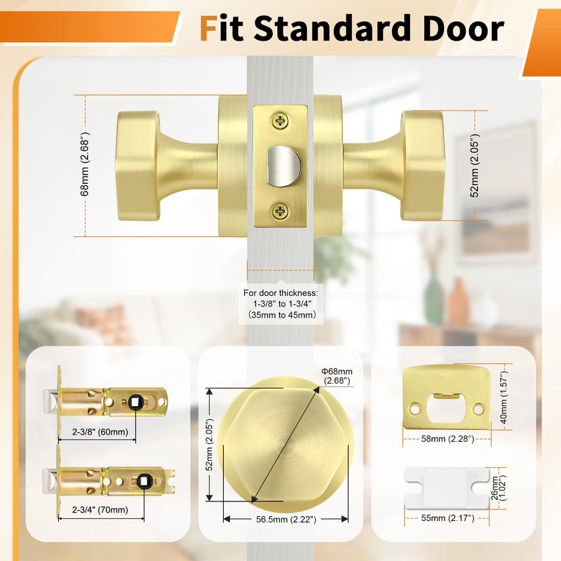 Probrico Brushed Brass Door Knobs, Gold Door Knob Interior, Hexagon Passage Door Knobs for Closet Hallway, 1 Pack