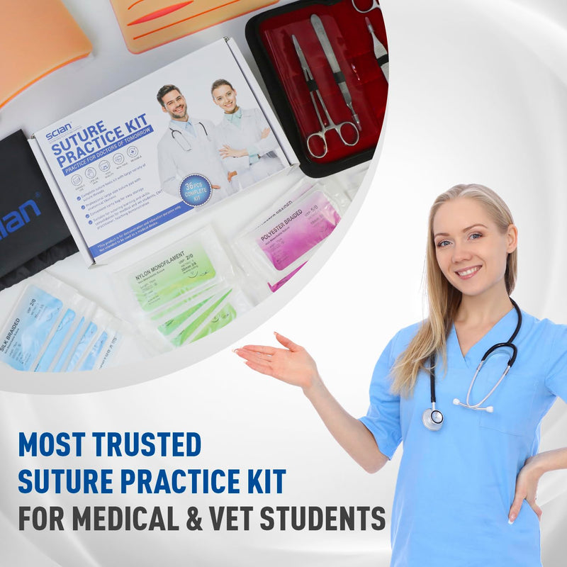 Scian Advanced Practice Kit for Medical Students (36 Pcs) Complete Suture Kit Includes Variety of Suture Threads, Unique Arch-Shaped Pad, Suture Pad with 14 Pre-Cut Wounds (Education Only)