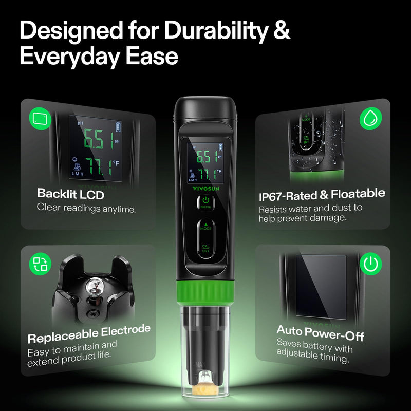 VIVOSUN Aerolab Digital pH Meter Kit ±0.01 High Accuracy, Waterproof pH Tester Pen with Replaceable Probe, LCD Display, Auto Temperature Compensation, Calibration Powder for Hydroponics, Gardening Black