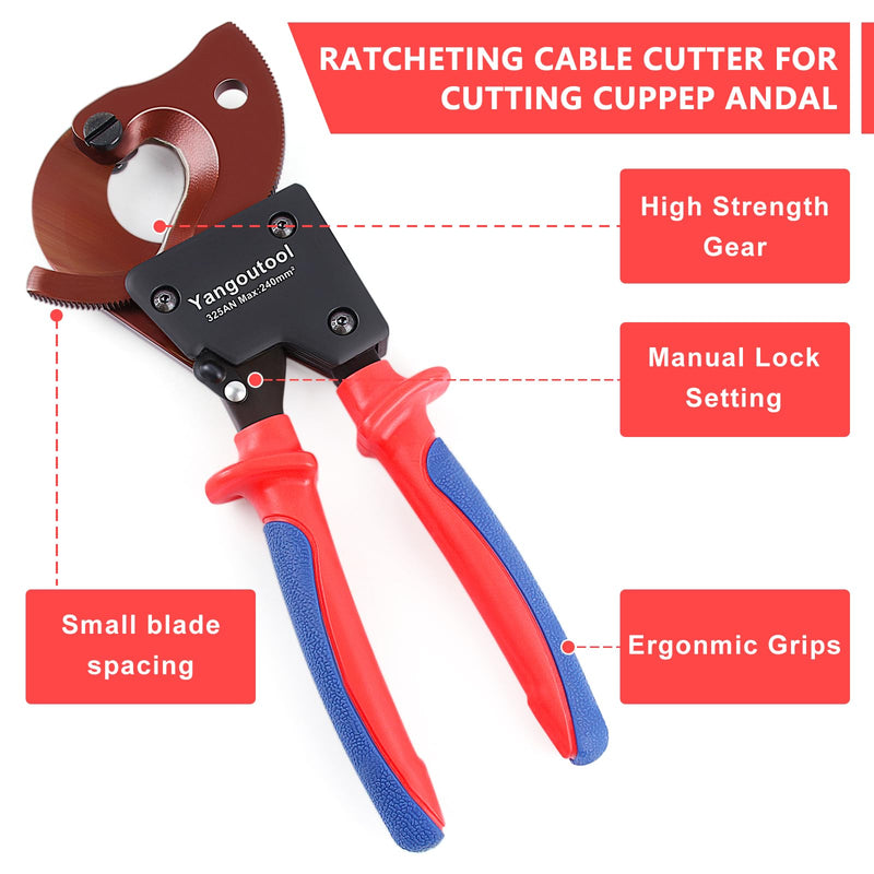 Yangoutool Ratchet Cable Cutter Heavy Duty for Copper and Aluminum Cables, 240mm² Capacity, Sharp Polished Edges, Ideal for Cutting Large Armored Electrical Wires, Perfect for Electricians 325AN