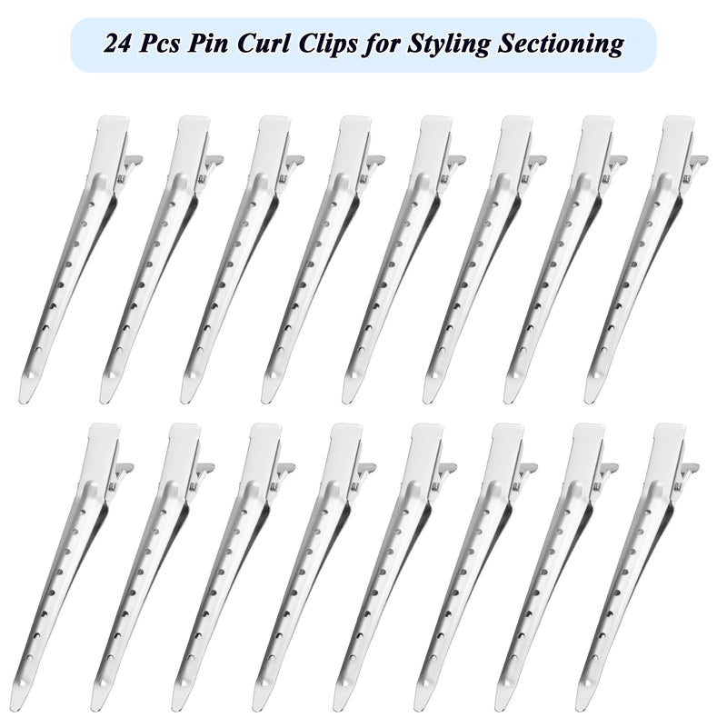 Gingbiss 24 Pcs Pin Curl Clips, 3.5 Inch Duck Billed Hair Clips for Styling Sectioning, Metal Hairdressing for Women, Alligator Clips for Roller, Salon, Bows DIY, Silver