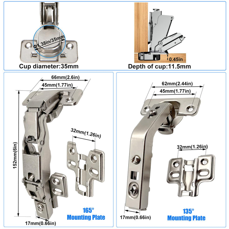 2 Pair 135 Degree & 165 Degree Frameless Cabinet Doors Hinges | Kit for Pie Corner Cabinets,Hidden Lazy Susan, Clip On, Smooth Slow Close, Concealed Mount for Bi-fold Door, Kitchen Cupboard silver-135° &165° 2