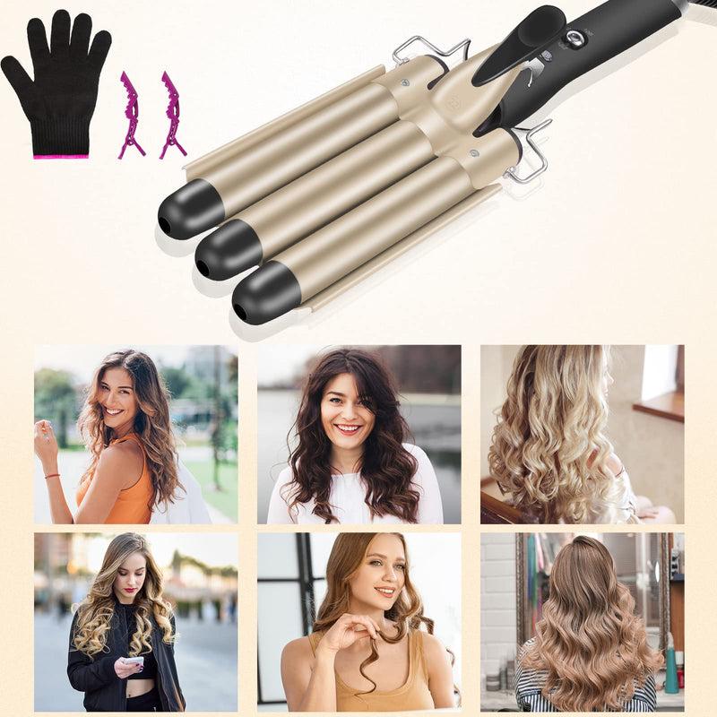 3 Barrels Hair Crimper, 22mm Curling Iron, Beach Mermaid Waves Hair Waver | Curling Tongs, Hair Curler with 2 Temperature Control Quick Heating, Waver Curling Wand for Long or Short Styling