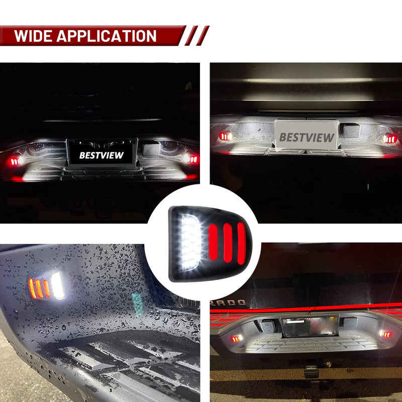 Bestview LED License Plate Light Tag Lamp Assembly - Tag Lights Led with Red OLED Neon Tube - Compatible with Chevy Silverado Suburban Tahoe GMC Sierra 1500 2500 3500 HD Escalade EXT, 2 Pieces Red&White LED