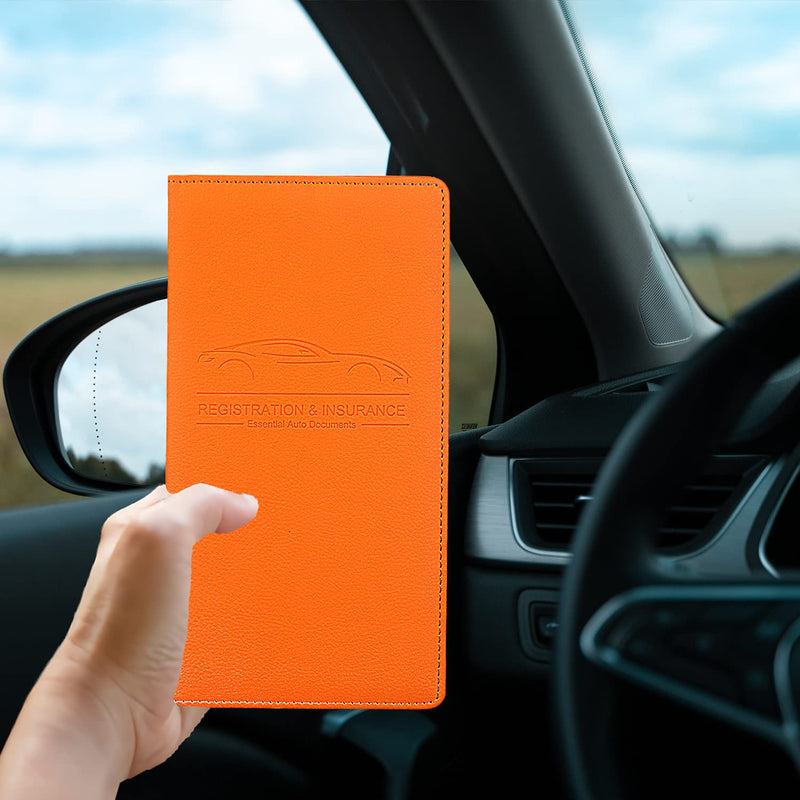 Car Registration and Insurance Holder, Premium Pu Leather Vehicle Glove Box Organizer - for Driver License, Cards & Essential Documents (L-Orange) Large Orange