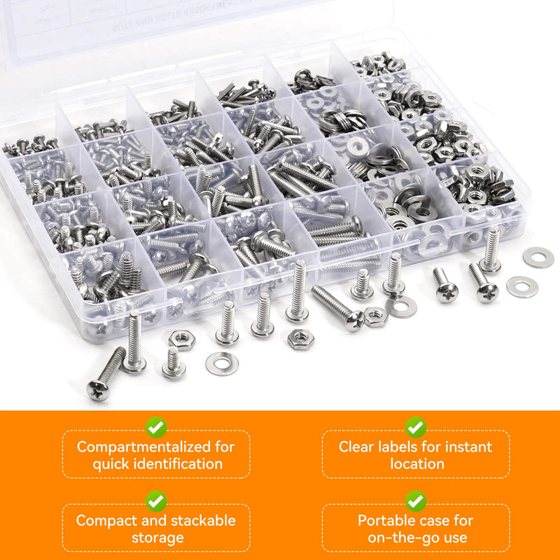 Stainless Steel Nuts and Bolts Assortment Kit, 720PCS Machine Screw #10-24#8-32#6-32#4-40 Silver Phillips Pan Head Assorted Screw Set with Nuts and Flat Washers, Hardware Assortment with Case 720PCS #10-24#8-32#6-32#4-40