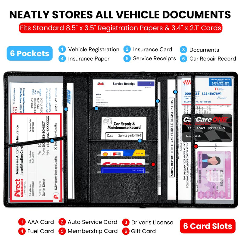 LINTRU Trifold Car Registration and Insurance Holder, Fits in Glovebox, Durable Design for Long-Term Use, Wipe-Clean PU Leather, Multi-Pocket Storage, Ideal Car Accessories for Men & Women, Gift-Ready Black