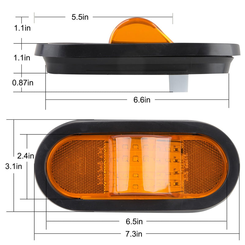 2Pcs 6.5 Inch Oval LED Side Marker Lights and Mid Ship Turn Signal Amber w/Reflex Lens Rubber Grommet Sealed w/3 Prong Wire Pigtail for 6 Inch Oval Led Trailer Mid Turn Marker Lights Reflectorized 2
