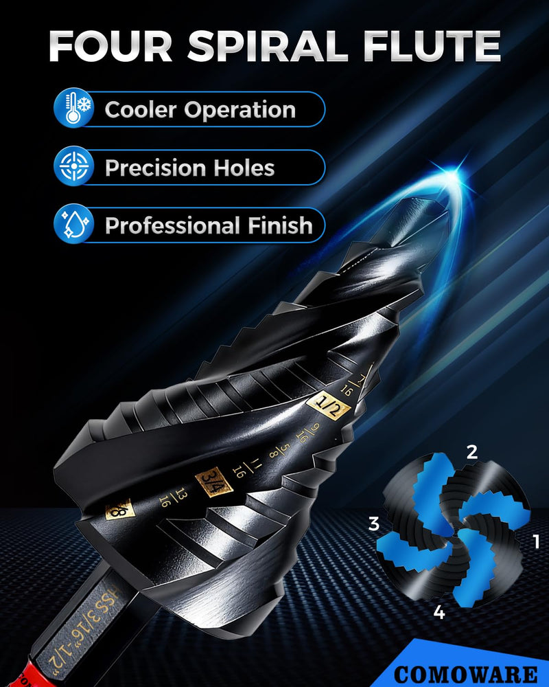 COMOWARE Step Drill Bit Set, 1/8~1-3/8" 5Pcs Four Spiral Flute Step Drill Bits for Metal, AITIN Coated Step Bit with 1/4" Hex Shank for Metal, Stainless Steel, Aluminum, Wood, Plastic