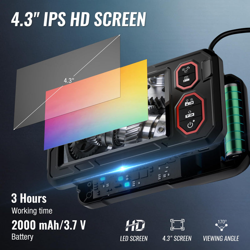 WORKPRO 4.3-Inch Rechargeable Industrial Endoscope Camera, IP67 Waterproof 1920P HD Dual Lens Borescope with 9 Adjustable LEDs, Inspection Camera with 16.4 ft Semi Rigid Cable