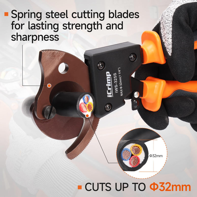 iCrimp IWS-325S Heavy-Duty Cable Cutter for Max 32mm Wire | Spring steel blade, cuts electrical aluminum copper and multi-core cables, labor-saving ratchet, safety lock