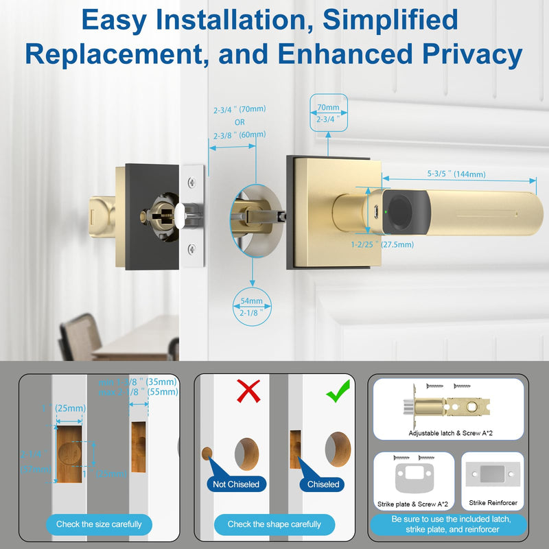 Fingerprint Door Lock & Biometric Door Knob with App – 3-in-1 Keyless Entry Smart Door Lock with Auto-Lock & Interior Lockable, Secure Your Home, Office, Bedroom & Apartment Gold