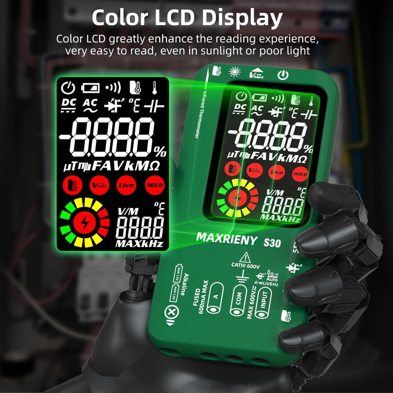Digital Multimeter Infrared Thermometer Rechargeable Smart Voltmeter 9999 Counts Electrical Current Tester Capacitance, High/Low Voltage Diode Tester for LED Automotive Electrician Electronic Rechargeable S30 with Infrared Thermometer