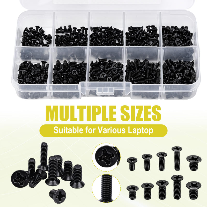 XIHIRCD 500pcs Laptop Repair Screws Kit, 10 Sizes M2 M2.5 M3 Carbon Steel Precision Flat Head Phillips Machine Screws Assortment for SSD Motherboard Notebook & Electronics Repair (Black)