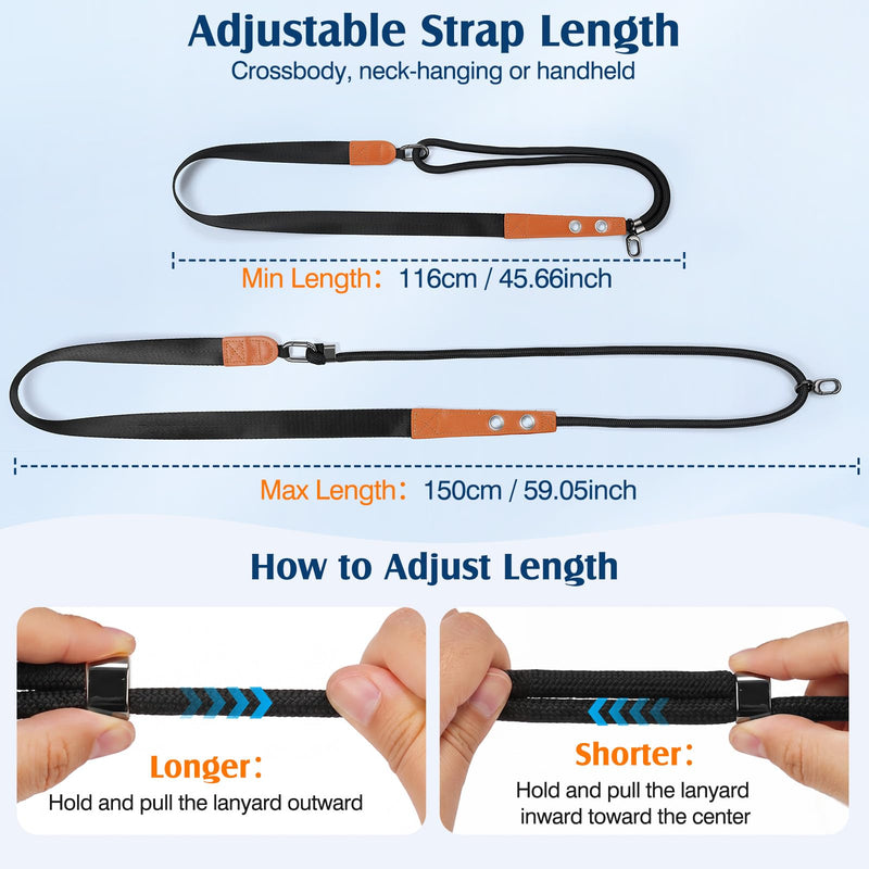 MoKo Adjustable Phone Lanyard Crossbody Strap with 2 Hanging Loops | Anti-Theft Phone Strap Thick Braided Wide Strap for Shoulder Relief, Universal Cell iPhone Neck Lanyard for Travel Outdoor Black