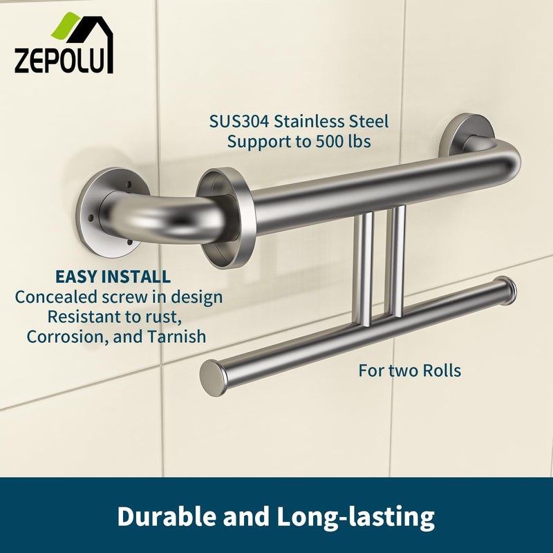 Brushed Nickel Handicap Grab Bar w/Toilet Paper Roll Holder, Zepolu 2-in-1 Safety Assist Bar Balanced Support Handle 17 Inch, Stainless Steel Wall Mounted Bathroom Toilet Grab Bar for Senior Elderly paper holder - brushed nickel
