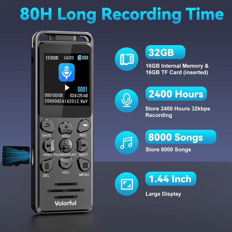 Digital Voice Recorder with Playback, Volorful 80H HD Recording Device | External Microphone, AI Noise Reduction, One Touch Recording/Lock, Voice Activated, Password, Lecture Meeting Interview Class 32.0 GB