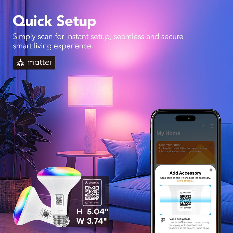 OREiN Matter BR30 Smart Light Bulbs Compatible with Alexa, Apple Home, Google Home, SmartThings, 60W Smart Bulbs 2.4Ghz WiFi only, 650 Lumens RGBTW Color Changing Led Light Bulbs, 4 Pack 4 Pack-B
