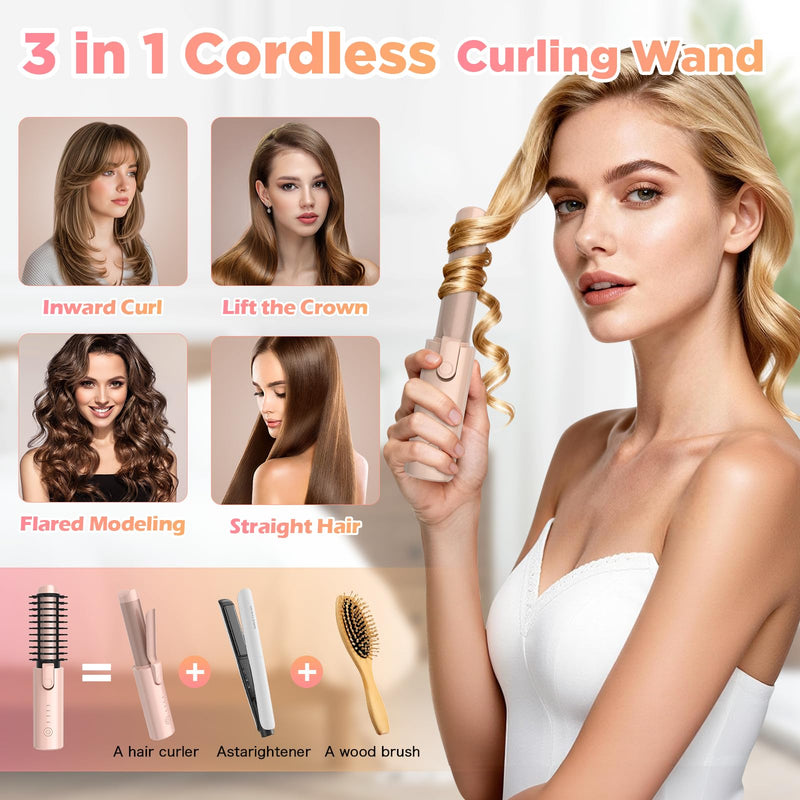  [AUSTRALIA] - Cordless Curling Iron 32mm, Curling Tongs, Hair Curler USB Rechargeable | 4 Heat Settings 160℃-220℃ for Short Medium Long Hair, Wireless Travel Curling Wand with 10min Auto Off, Pink