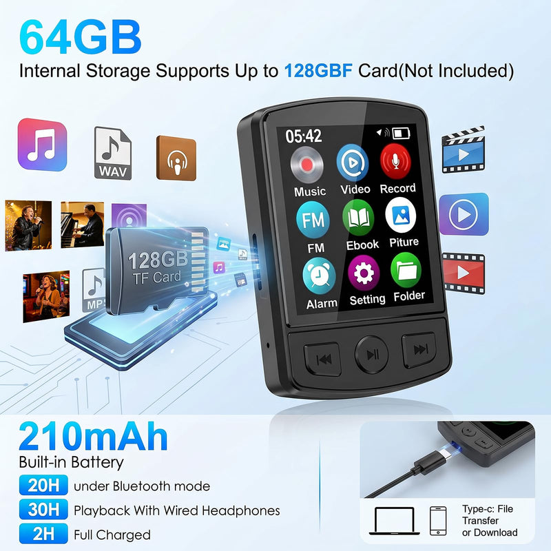 Fohil 64GB MP3 Player with Bluetooth 5.2 and Built-in Clip | HiFi Audio, 128GB TF Card Expansion, FM Radio and Recording, 1.2 oz Compact Design, E-Book Reader and Speaker 64.0 GB