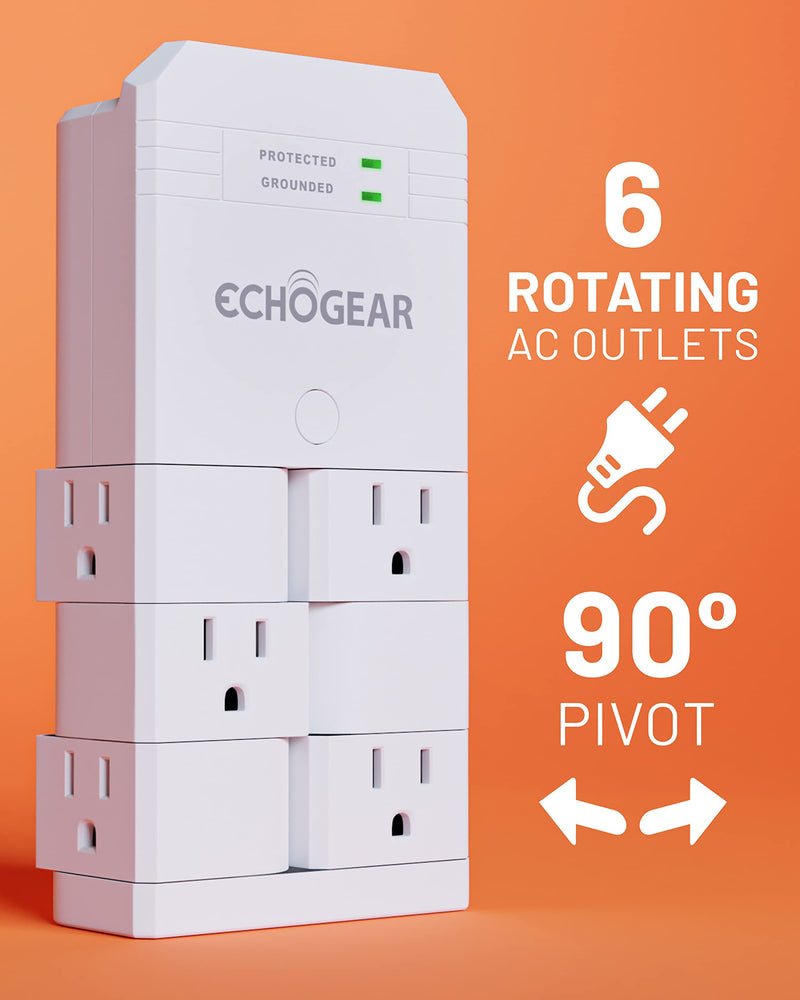 ECHOGEAR On-Wall Surge Protector with 6 Pivoting AC Outlets & 1080 Joules of Surge Protection - Low Profile Design Installs Over Existing Outlets to Protect Your Gear (White) White