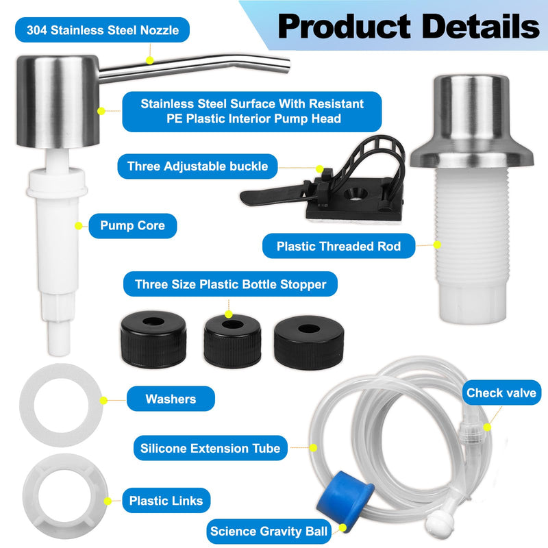 2-Pack Stainless Steel Soap Dispenser for Kitchen Sink, Built-in Kitchen soap Dispenser Kit with 47" Extension Tube, Check Valve,Multiple Sealing Plugs, No More Frequent Refills Brushed Nickel 2