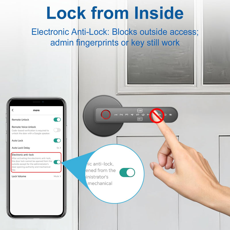 BIWIBON Fingerprint Door Lock – Fingerprint Door Knob with 5 Unlock Options, Anti-Peep Code, Adjustable Auto-Lock, Inside Lock, for Home, Office, Apartment, Bedroom – Black Black 03