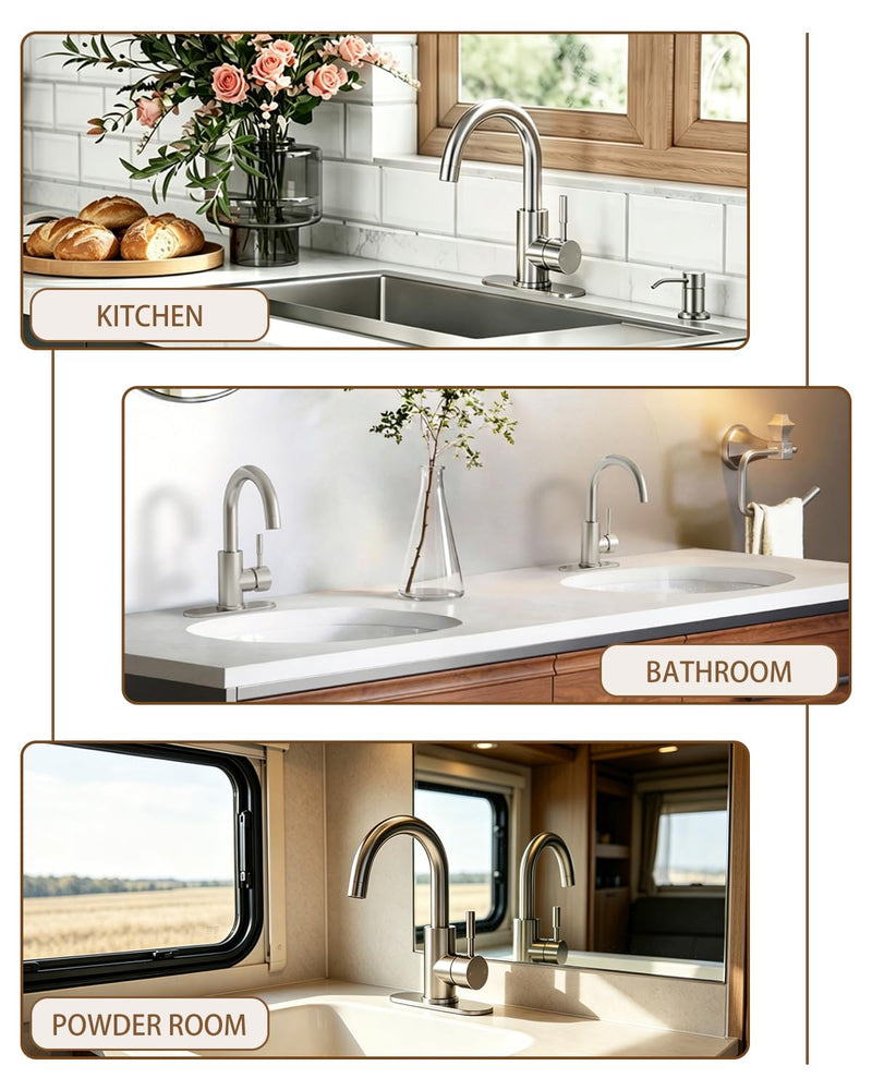 Fransiton Bathroom Faucets, Bar Sink Faucet Single Hole for Bathroom Kitchen Campers with Pop-Up Drain Hose, Suitable for Farmhouse Vanity Lavatory Brushed Nickel Classic