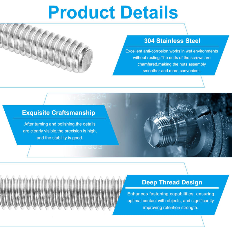 PATIKIL 1/2"-13 UNC 304 Stainless Steel Fully Threaded Rod, 10Pcs 2.5" Length Long Threaded Screw Right Hand Threads All Threaded Rod Studs for Anchoring Bolt, Clamps, Hangers and U-Bolts 1/2"-13 x 2.5"