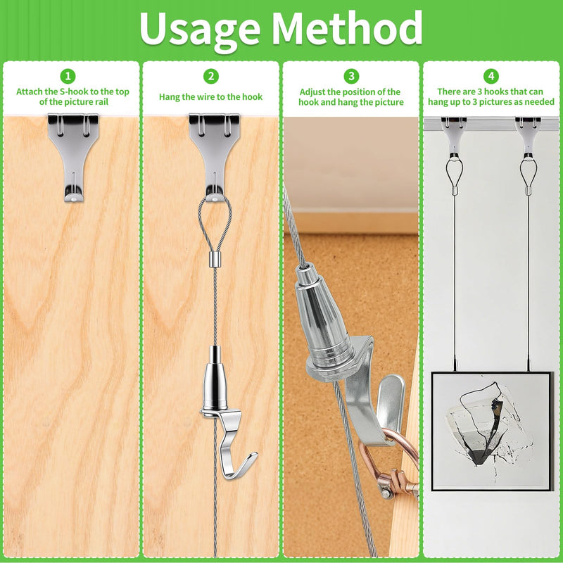 Adjustable Picture Hanging Wire Kit Picture Rail Hanging System Sturdy Gallery Display Rail Rope with Hooks for Exhibition Art Gallery Frames Display (3.28 FT, 1 Hook, 20) 3.28 FT, 1 Hook