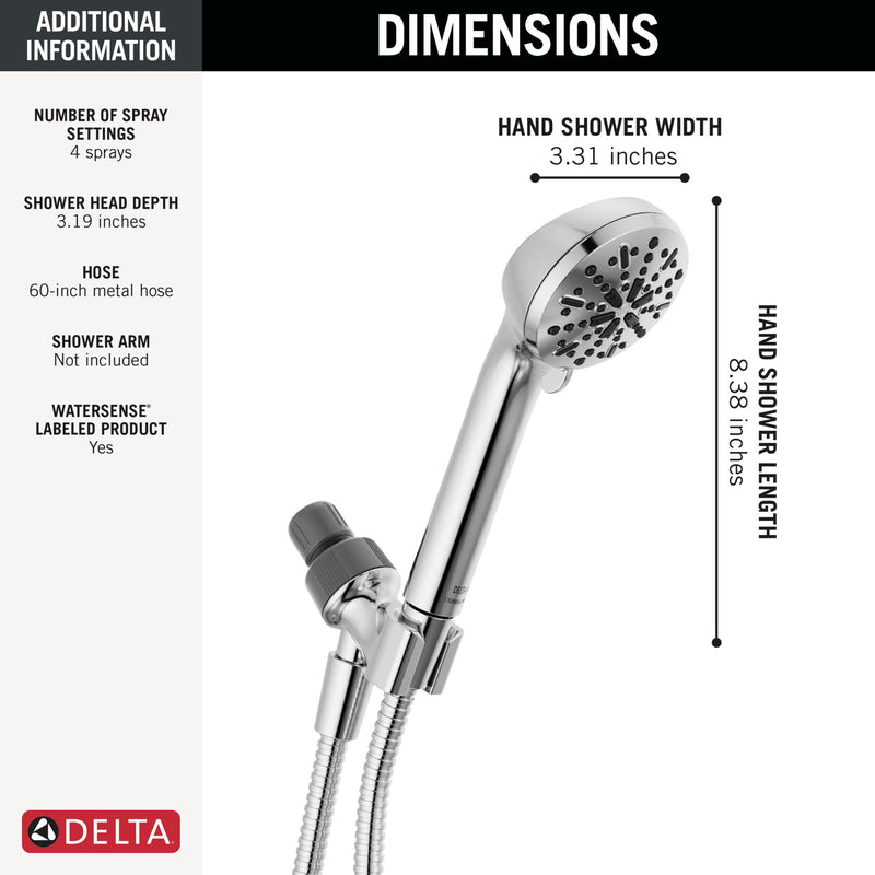 Delta Faucet 4-Spray Handheld Shower Head, Chrome Shower Head with Hose, Showerheads & Handheld Showers, Handheld Shower Heads, Detachable Shower Head, Hand Shower 1.75 GPM, Chrome 75413