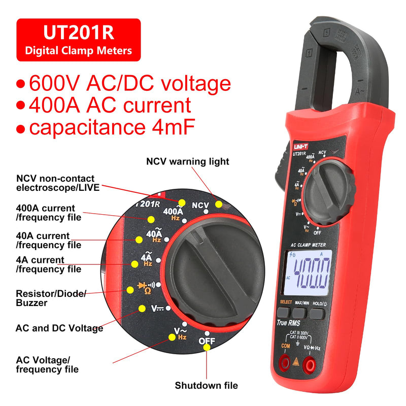 UNI-T UT201R Digital Clamp Meter 4000 Counts Multimeter Auto Range True RMS Clamp Meter DC Current Meter