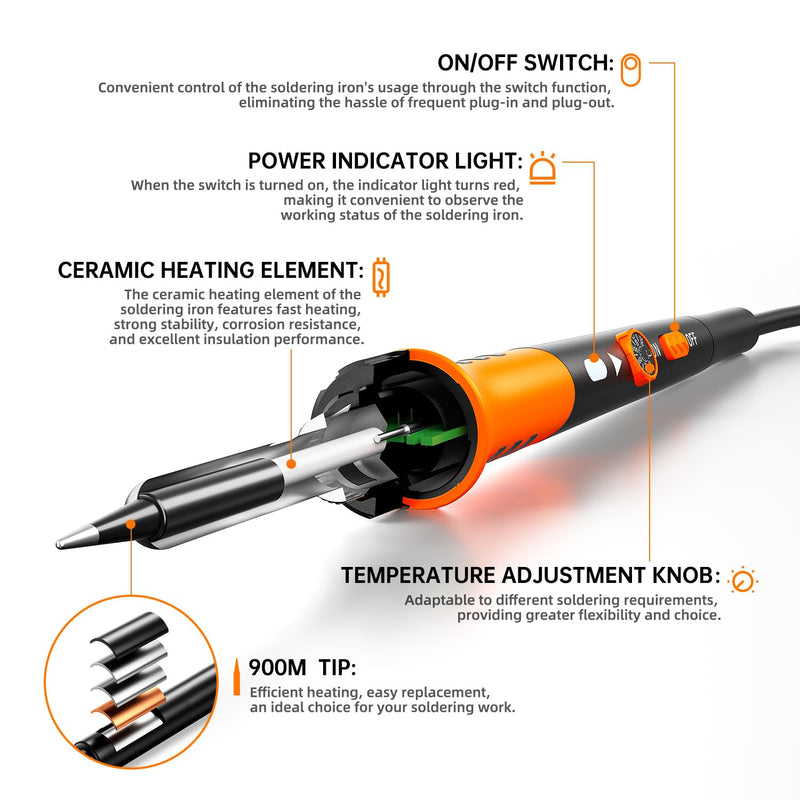 Soldering Iron Premium Kit, 60W Soldering Gun with Ceramic Heater, 12-in-1 Soldering Tool, Adjustable Temperature 200 to 450°C, Includes Soldering Iron Tip, Solder Wire, Pump and Paste ‎orange