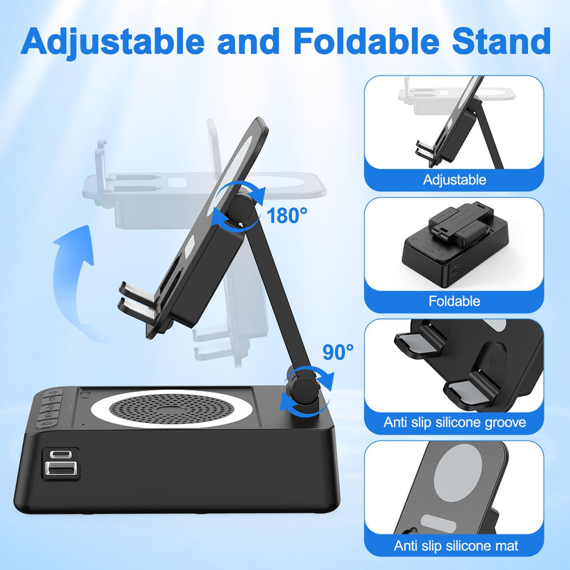 TARKARI Induction Speaker, Phone Stand with Speaker, Bluetooth Speakers | Wired Charging the Cellphone, Foldable and Adjustable Cell Phone Stand, Ambient Light, For Home Office, Gifts for Women Him Black