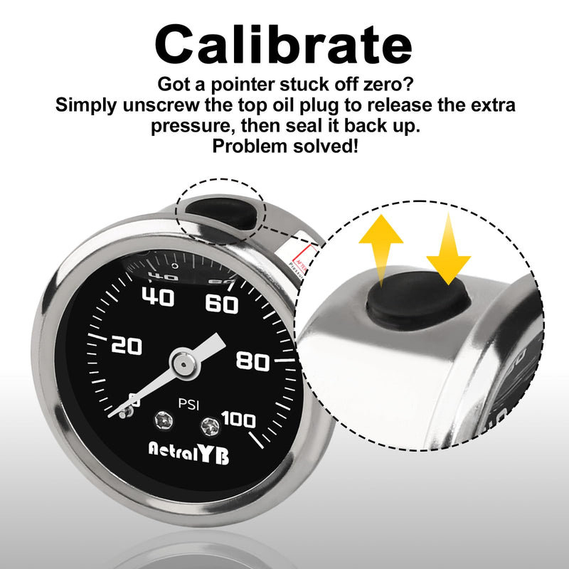 0-100 Psi Fuel Pressure Gauge, 1-1/2" Dial Size, 1/8" NPT Back Mount, Glycerin Liquid Filled, Stainless Steel Case, Inline Low Pressure Gauge, for Water Oil Air Pressure Test 0-100PSI