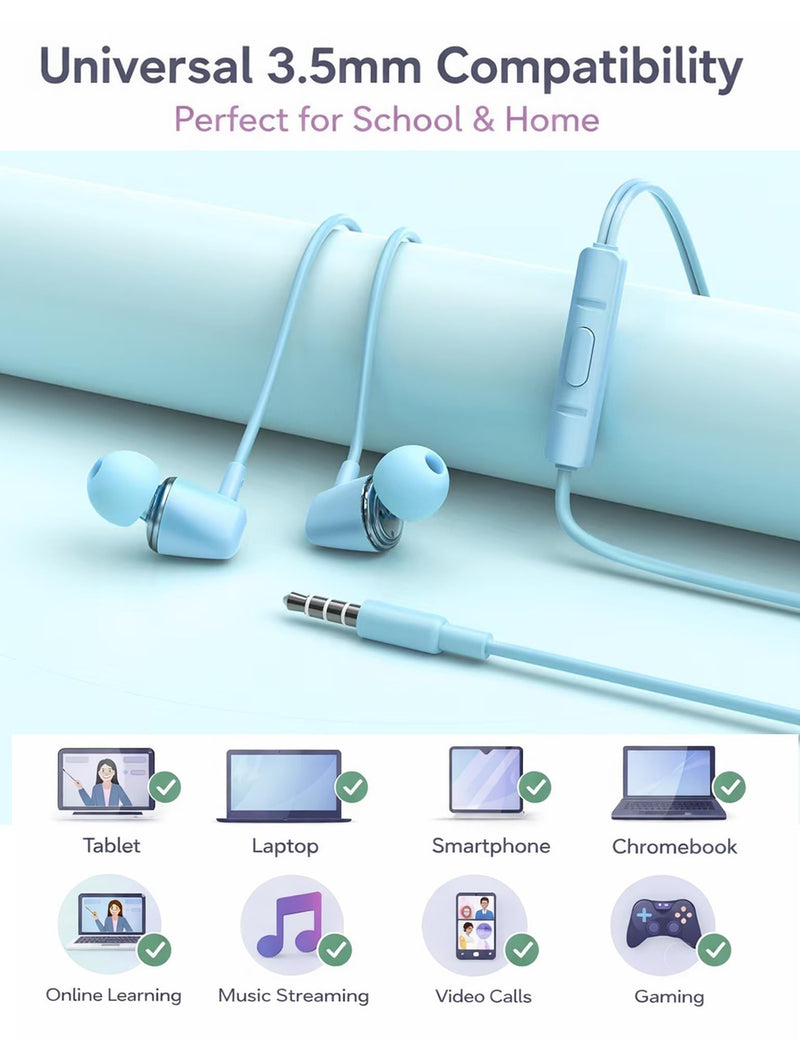 Glitter Skyblue Teens Wired Earbuds with Case, 3.5mm Headphones for School | GOGOSINIS Wired Student Earbuds with Glitter Blue Case, Braided Lanyard Wristlet & Star Keychain Charm, For School backpacks Glitter Skyblue