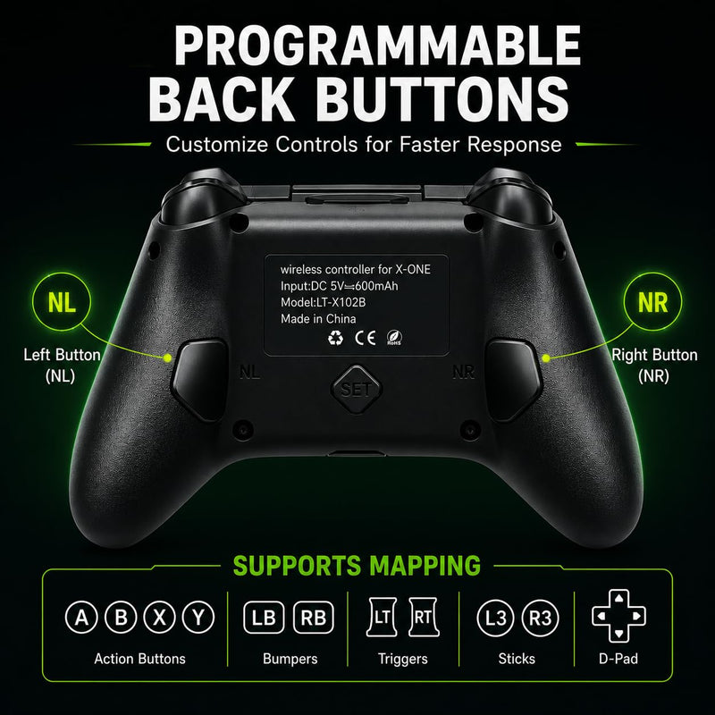 CFORWARD X Box One Controller with 2.4G Adapter, Wireless Gamepad for X Box 1/Series X/S & PC Win10+, With Dual Vibration, Turbo, Programmable Buttons, RGB LED Lighting, Third-Party Controller Black-TX102B