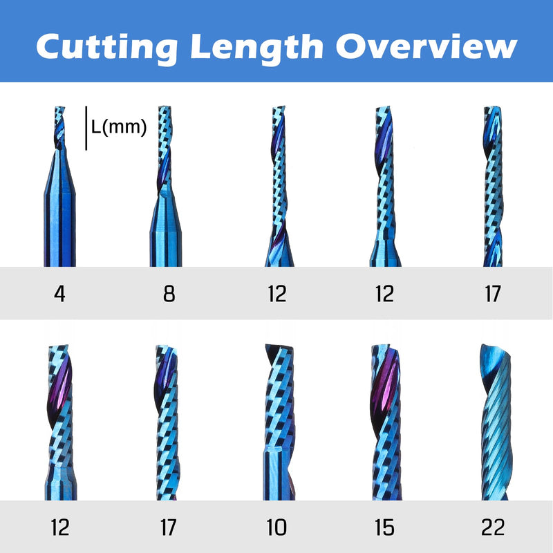 Genmitsu 1/8 Inch Shank 10pcs Carbide Spiral O Flute (Single Flute) End Mill CNC Router Bits, Solid Nano Blue Coat, for Woodworking Cutting Carving Wood Acrylic PVC PCB MDF, OS10A 1/8" Shank O-Flute 10pcs