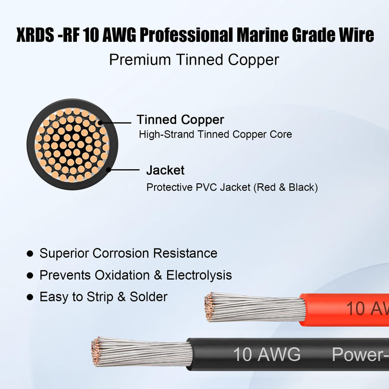 Marine Wire 10 AWG, 10FT Red & 10FT Black Tinned Copper Boat Cable, Ultra-Flexible 10 Gauge Marine Grade Electrical Wire for Bilge Pump, LED Lights, and RV