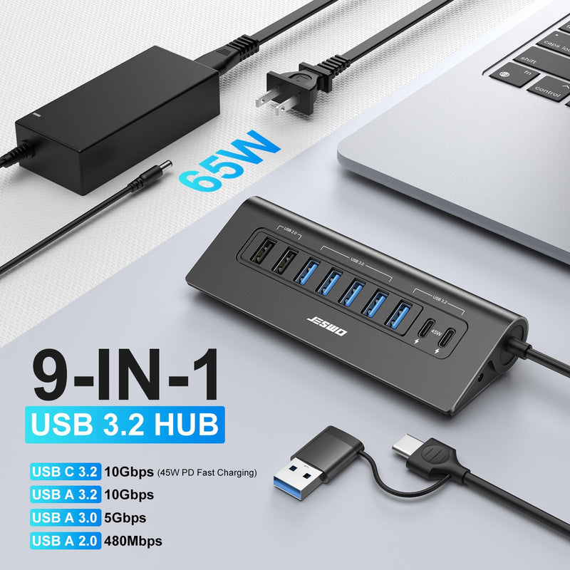 Powered USB Hub, 10Gbps 9-Port JESWO USB Hub, USB 3.2 45W Charging for PC | USB C Hub with 65W adapter, 2 USB 2.0 + 4 USB 3.0 + 3 USB 3.2 A+C ports, Aluminum for PC, Mac, laptop, desktop, and iPhone Black