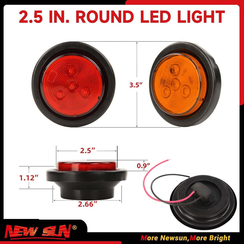 NEW SUN® Ultimate 4 Pack 2.5" LED Trailer Marker Lights, Amber & Red, Waterproof with Round Reflex Design, 4 Diodes, 12V Grommet & Wire for Boat, Truck, RV, Camper Trailers 2R+2A