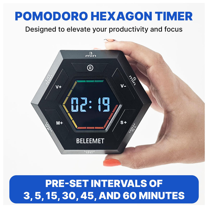 Pomodoro Timer,Hexagon Cube Magnetic Flip,ADHD Tools for Adults/Kids Task Timer for Office, Study, Exercise, Meditation,3/5/15/30/45/60min&Custom Digital Countdown, Adjustable Sound,Black