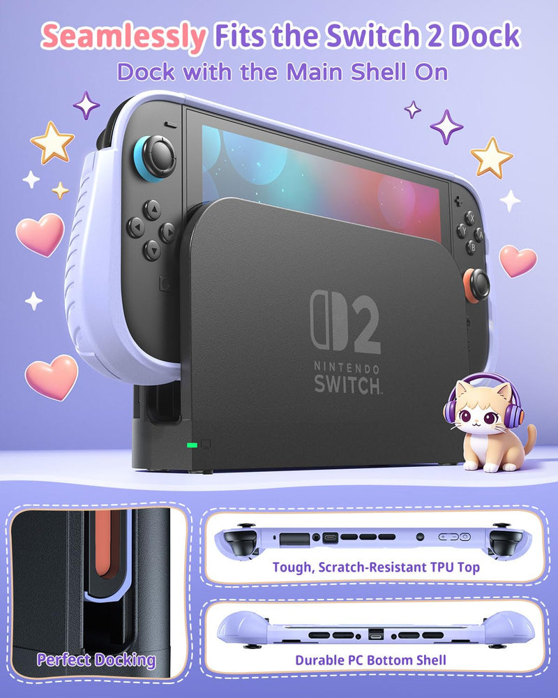 FASTSNAIL Protective Cute Case Cover for Nintendo Switch 2 with Cartoon Cat | TPU Switch 2 Dockable Case with Cat Pattern, Military Protection, Split Design, Ergonomic Grip, PC Front Cover, 12 Game Slots Purple Cartoon Cat Switch 2 Cover with Front Case