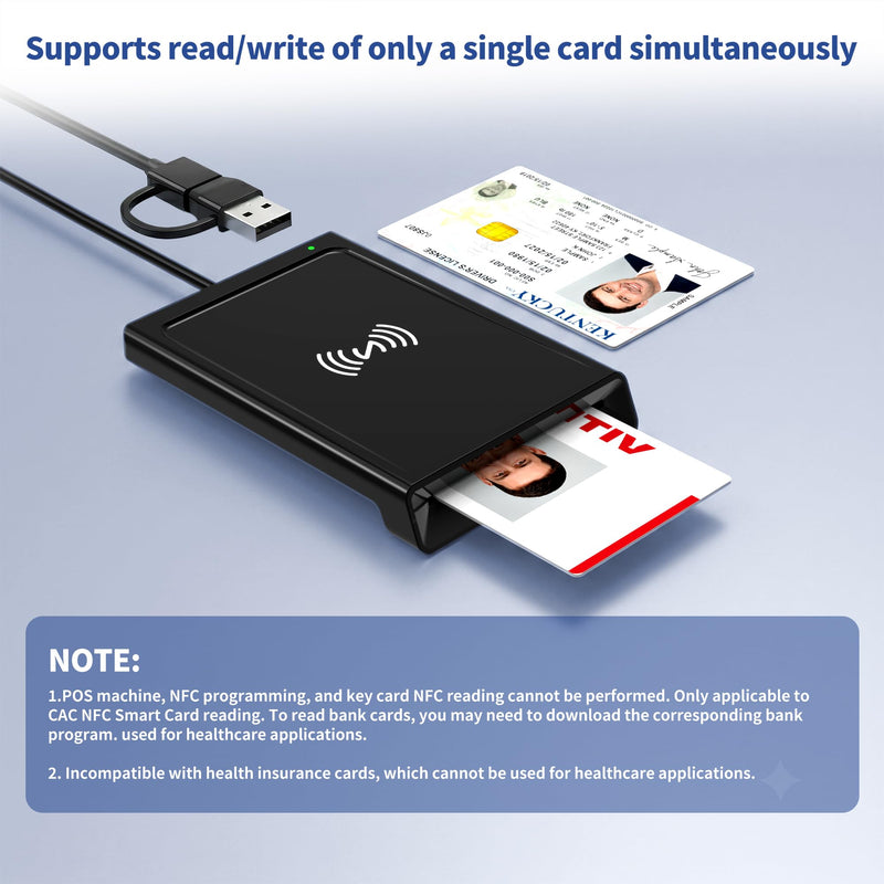 NFC Smart Card Reader, Contact & Contactless ID and Bank Chip Card Reader | CAC Reader for DOD Military, 2-in-1 USB-A/USB-C, for Windows/Mac/Android/Linux