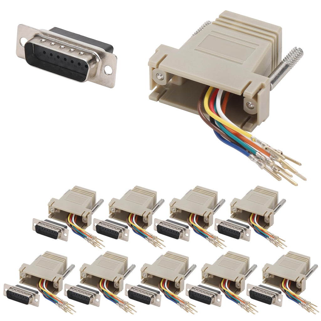 10PCS DB15 Male Ethernet Adapter, 15 Pin Serial Port Male to RJ45 Ethernet LAN Extend Modular Converter, M/F