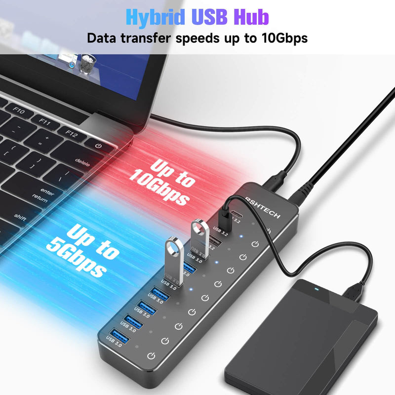 Powered USB Hub, RSHTECH 10-Port USB 3.2/USB C Hub 60W with 10Gbps USB-A 3.2, 2 USB-C 3.2, 7 USB 3.0 Ports, Individual Touch Switches and 3.3ft Cable, Hybrid USB Splitter for Laptop/PC, RSH-ST10C