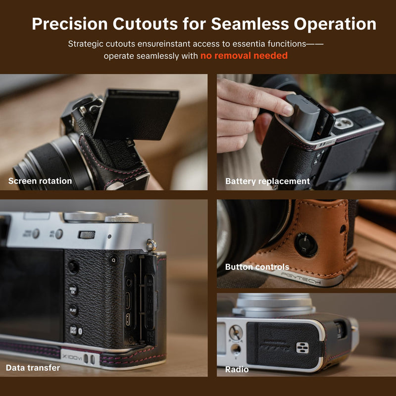 PGYTECH Genuine Leather Camera Half Case for FUJIFILM X-T5 Clay Brown | Classic Handcrafted Camera Protective Cover with Aluminum Baseplate, Retro Camera Case Cover, SD Card Slot & Quick Release