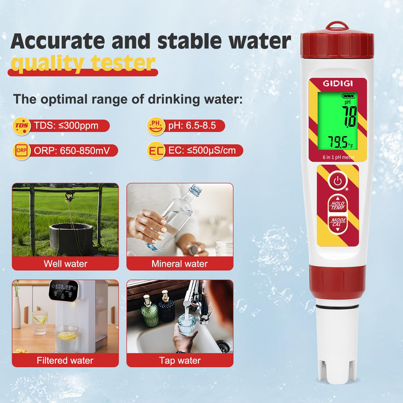 6 in 1 pH Meter Salt Tester TDS EC Pen for Pool Water | Digital Salinity Pen for Water Pool, Calibration Kits Included, High Accuracy Salinity pH ORP EC and TDS Meter | Digital Salinity Pen for Water Pool, Calibration Kits Included, High Accuracy Salin...