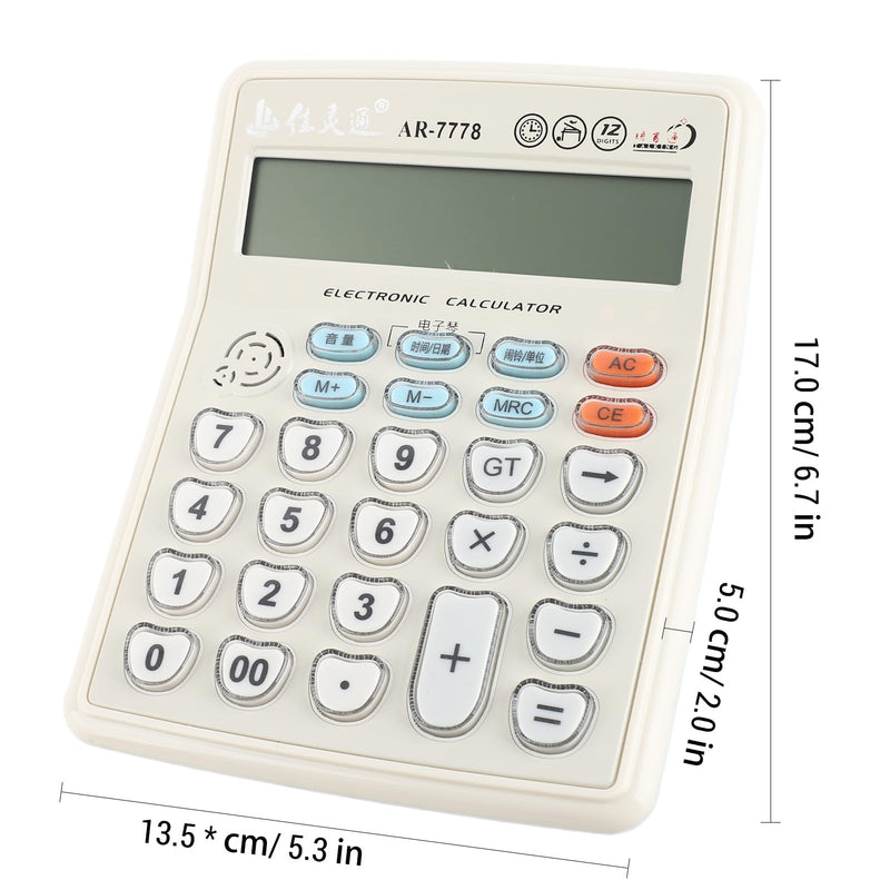 Electronic Desktop Calculator with Musical Function Big Buttons Calculator Time Date Display 12 Digits LCD Tilted Screen for Office Business Store