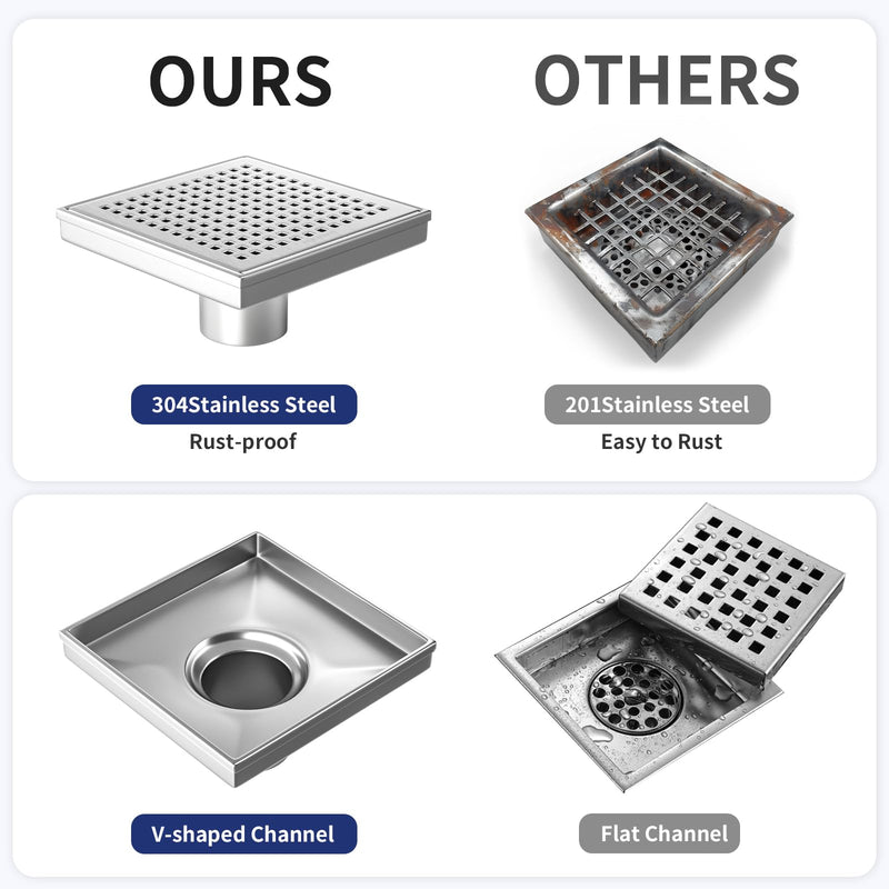 Square Shower Drain 6", 304 Stainless Steel Floor Drain w/Hair Strainer, Grid Shower Drain w/CUPC Certified, Brushed 6 Inch